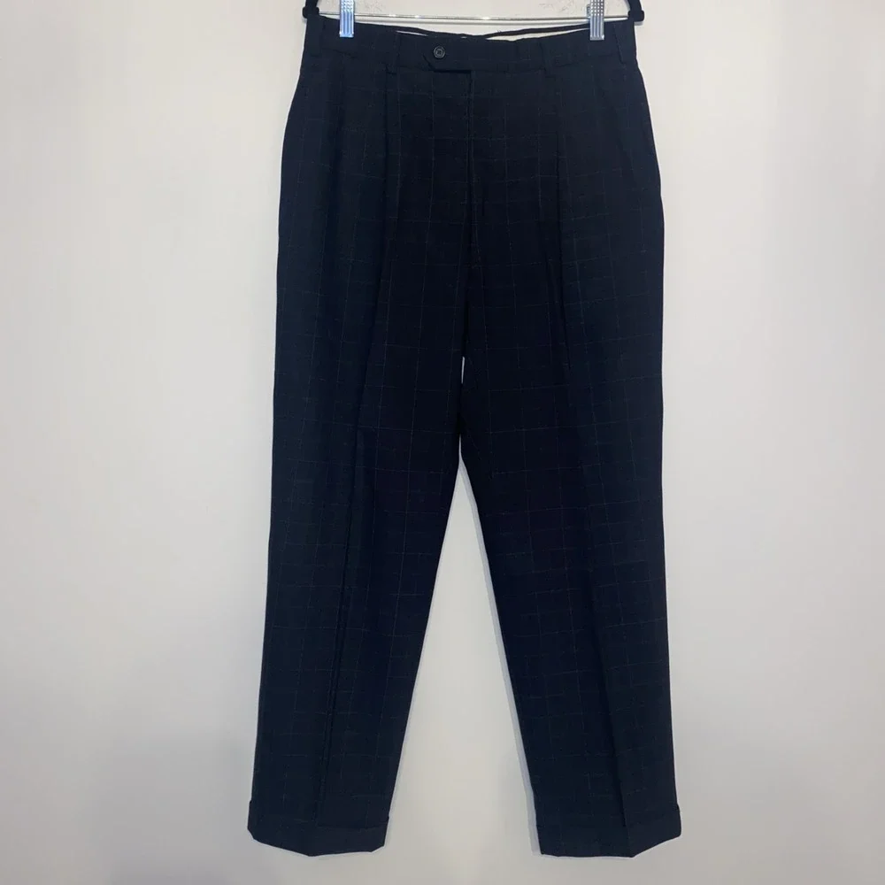 Vintage Tommy Hilfiger Suit Black Windowpane 2 Pc Pleated 90s Made USA 42R 33x29